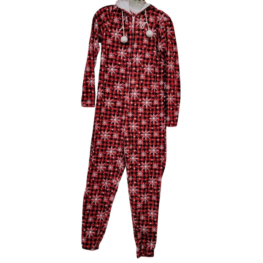 Merry Christmas Poof Small Pajamas Red Black Buffalo Check Fur Hood Snowflake
